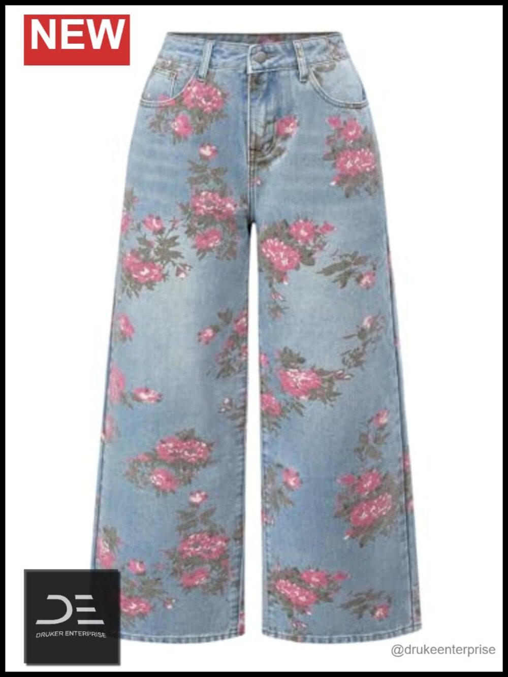 Women's Plus Size Floral Wide Leg Denim Jeans Loose Fit Pockets